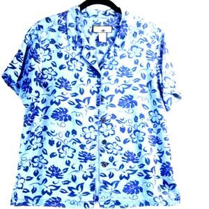 Caribbean Joe Shirt Women's M Button Up Short Sleeve Blue Hawaiian Camp VTG